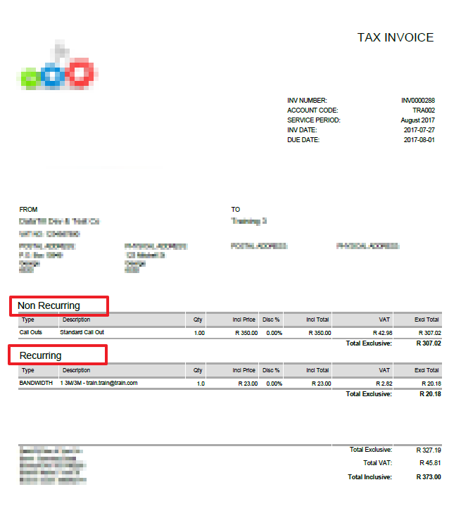 recurring and non recurring shown on invoice