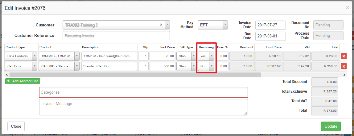 recurring or non recurring on invoice lines set