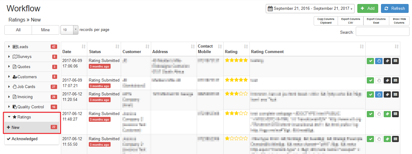 rating status in workflow screen
